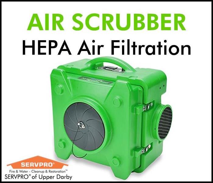 SERVPRO green Air Scrubber and text Air Scrubber Hepa Air Filtration